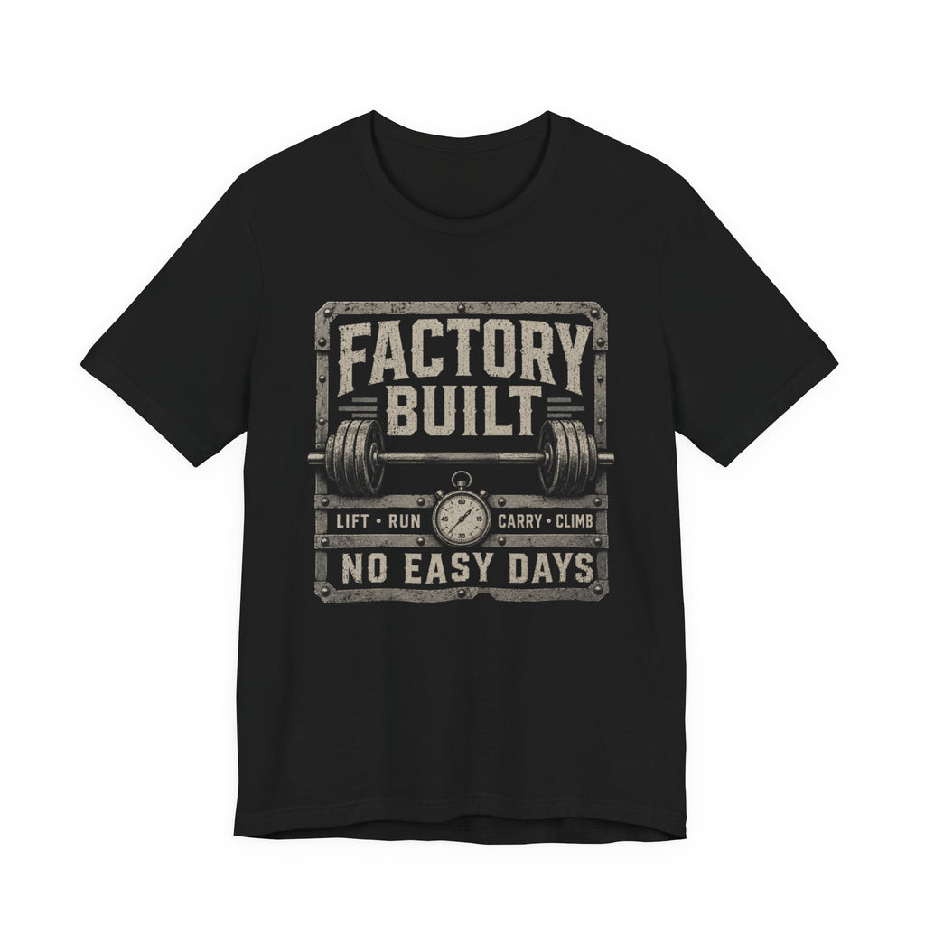 Gym T‑Shirt — "Factory Built: No Easy Days"