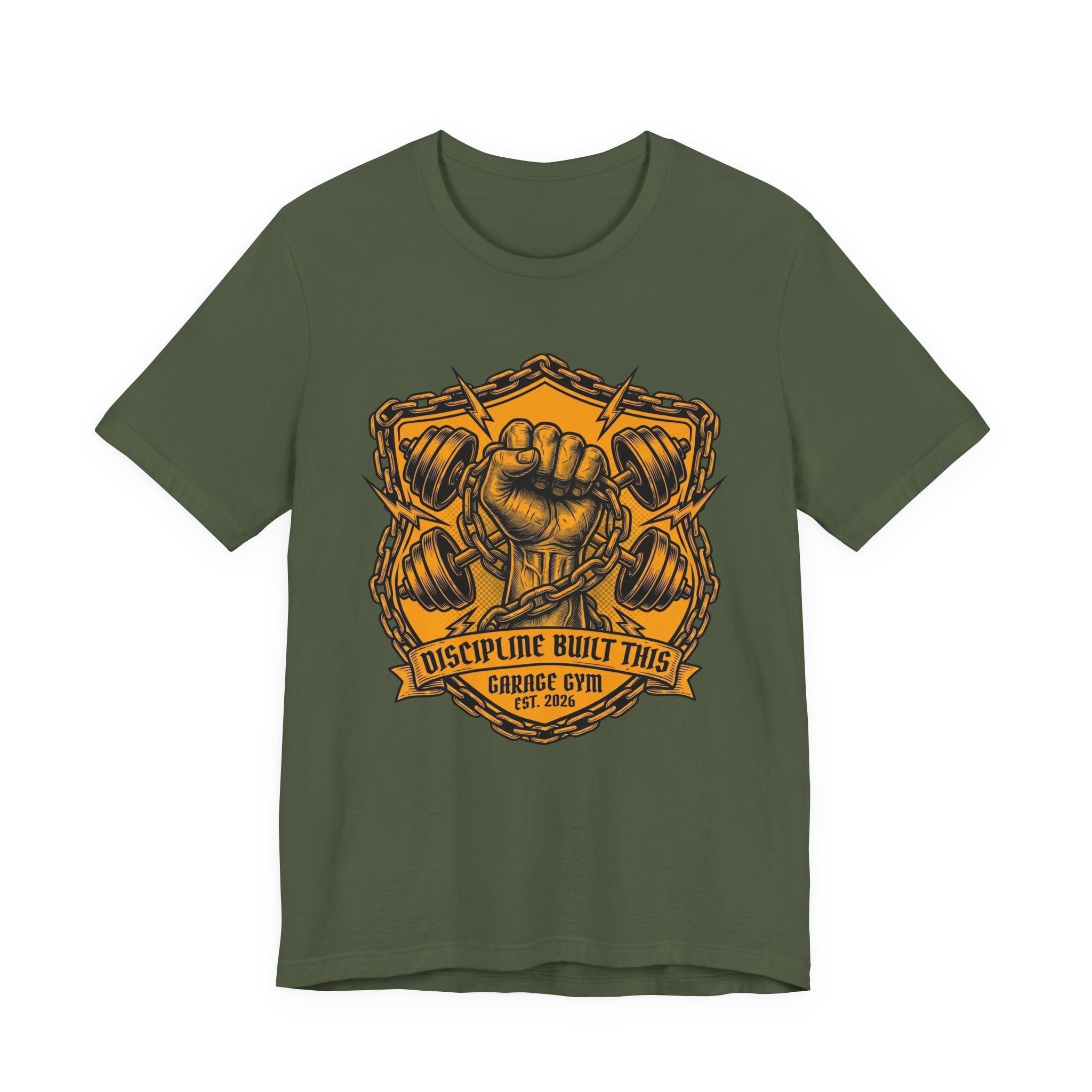 Discipline Built This — Garage Gym Fist & Dumbbells Gym T-Shirt