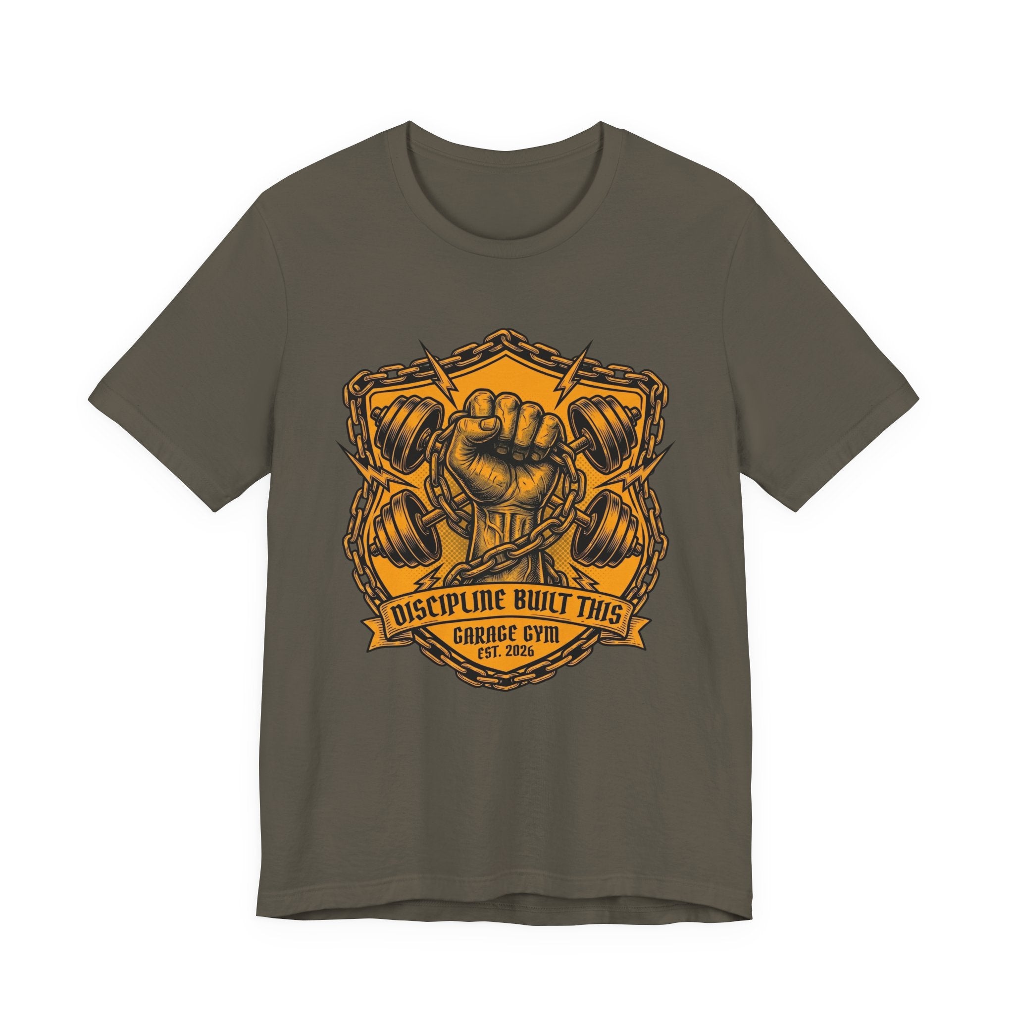 Discipline Built This — Garage Gym Fist & Dumbbells Gym T-Shirt