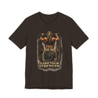 Brown t-shirt with graphic of a person lifting weights and 'Earn Your Strength' text on a white background