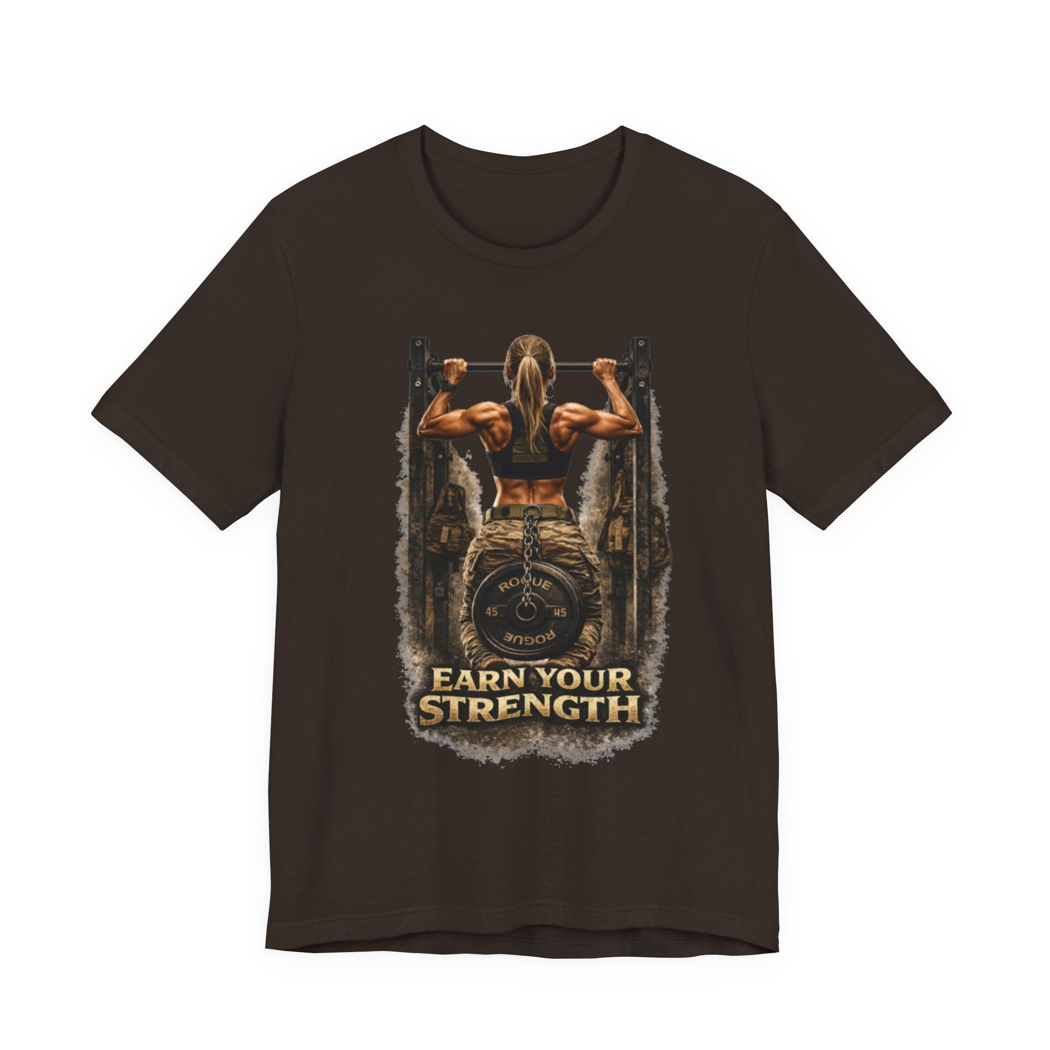 Brown t-shirt with graphic of a person lifting weights and 'Earn Your Strength' text on a white background